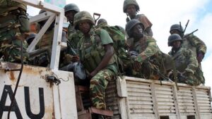 African Union troops on an AU armoured truck in Somalia, the AUSSOM force now authorised to fight what Mogadishu calls al-Shabaab's affiliated militias in South West State