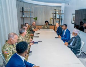 Jubaland President Ahmed Madobe and his delegation face the AFRICOM special operations commander across the table in Nairobi