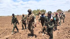 AUSSOM and Somali National Army troops moving on foot in Lower Shabelle, the joint force that took Awdhegle and Mubarak and must now travel the road between them