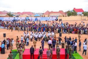 The reception for President Hassan Sheikh Mohamud on the bare ground of the Abdullahi Issa stadium in Baraxleey, south Galkayo