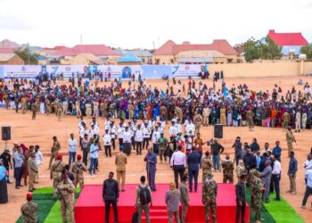 The reception for President Hassan Sheikh Mohamud on the bare ground of the Abdullahi Issa stadium in Baraxleey, south Galkayo