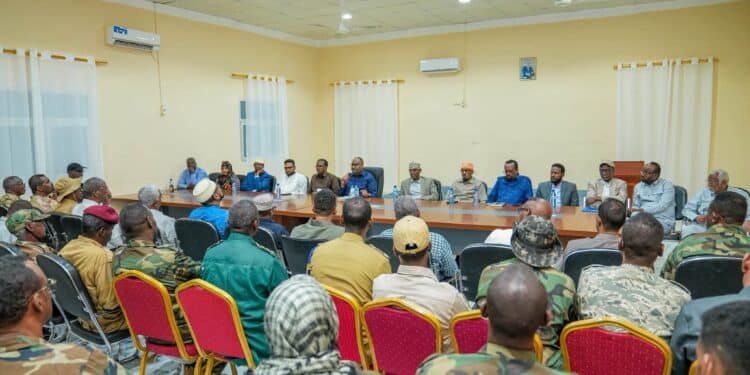 President Said Abdullahi Deni addresses Puntland force commanders in Galkayo after the Mudug operations
