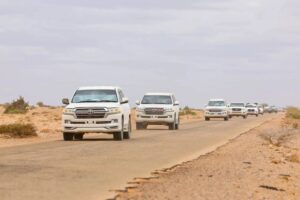 The presidential convoy travelling overland through Mudug region on the road to Galkayo