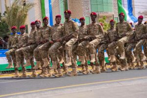 Puntland Defence Forces on parade, the force placed on full alert over the planned Galkayo visit