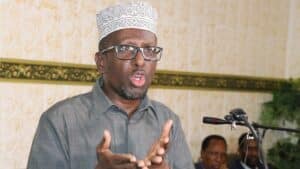 Sheikh Sharif Sheikh Ahmed speaking in Mogadishu, where he accused the army and the Presidential Guard of taking part in the evictions