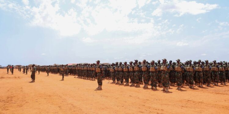 The Somali National Army graduating class drawn up in formation on the parade ground at Xananbuure in Galgadud