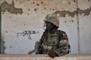 A UPDF soldier at a position in Somalia, the force Uganda says will be withdrawn completely by August 2027