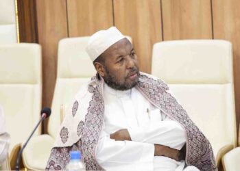 Sheikh Ali Wajis seated at the Mogadishu gathering of senior officials where he said the government’s opponents should be punished as terrorists and killed