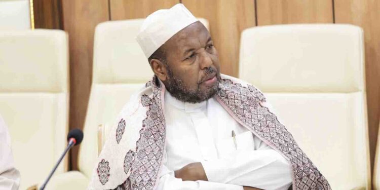 Sheikh Ali Wajis seated at the Mogadishu gathering of senior officials where he said the government’s opponents should be punished as terrorists and killed