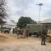 Somali National Army troops and armoured vehicles on a Baidoa street, the city at the centre of the new federal offensive in the Bay region