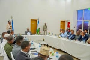 President Said Abdullahi Deni chairs the Bari region security meeting in Bosaso on 1 September 2026, with Puntland ministers, MPs, commanders and the regional and district administrations around the table