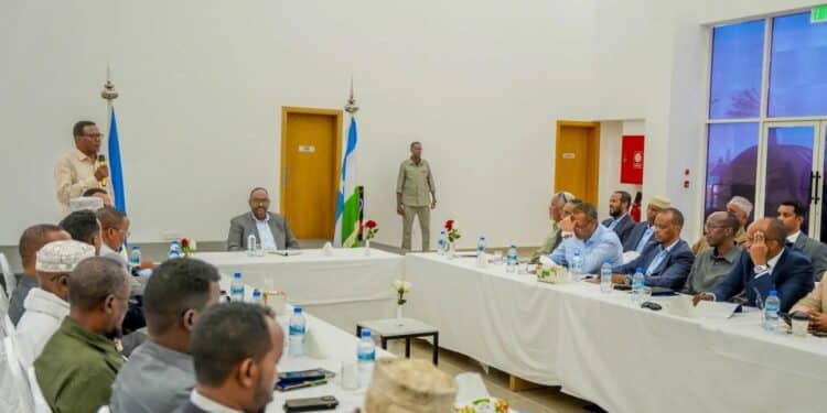President Said Abdullahi Deni chairs the Bari region security meeting in Bosaso on 1 September 2026, with Puntland ministers, MPs, commanders and the regional and district administrations around the table