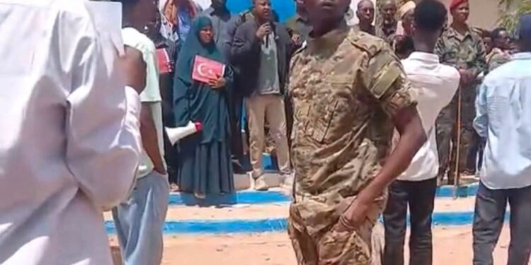 Residents and local officials protesting in Doolow in Gedo region after the strike on General Mahad Abdirahman, one demonstrator holding a placard bearing the Turkish flag