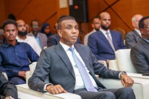 Prime Minister Hamza Abdi Barre at the 2025 economic report presentation in Mogadishu.