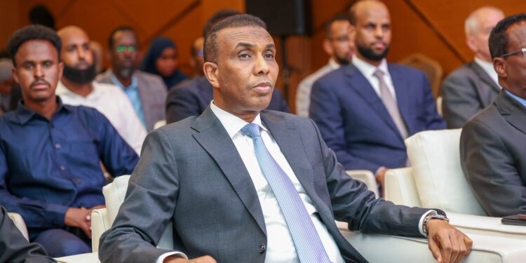 Prime Minister Hamza Abdi Barre at the 2025 economic report presentation in Mogadishu.