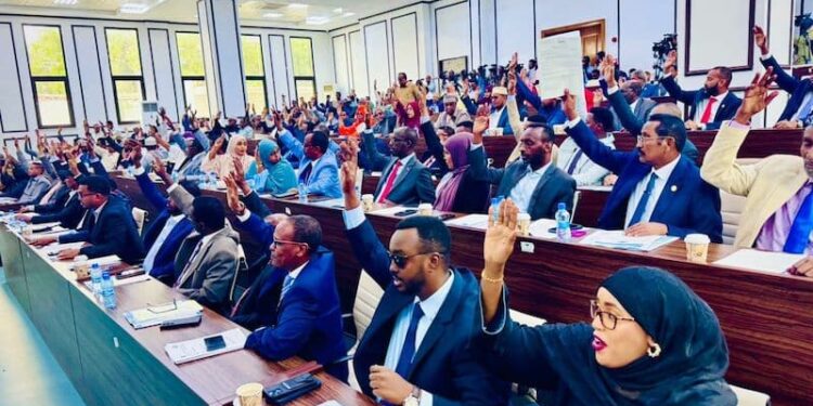 Members of the House of the People vote in the chamber at Villa Hargeisa, where the Defence Committee has summoned the defence minister and the army commander