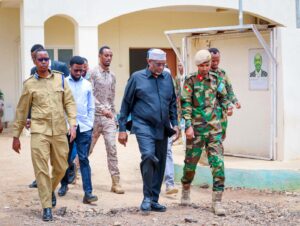 President Aden Mohamed Nur Madobe with 60th Division officers at the division headquarters in Baidoa on 20 September 2026