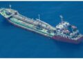 The Palau-flagged tanker Honour 25 at anchor off the Somali coast during its captivity, photographed from the air