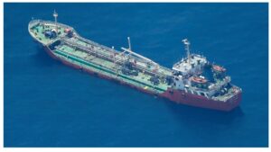 The Palau-flagged tanker Honour 25 at anchor off the Somali coast during its captivity, photographed from the air