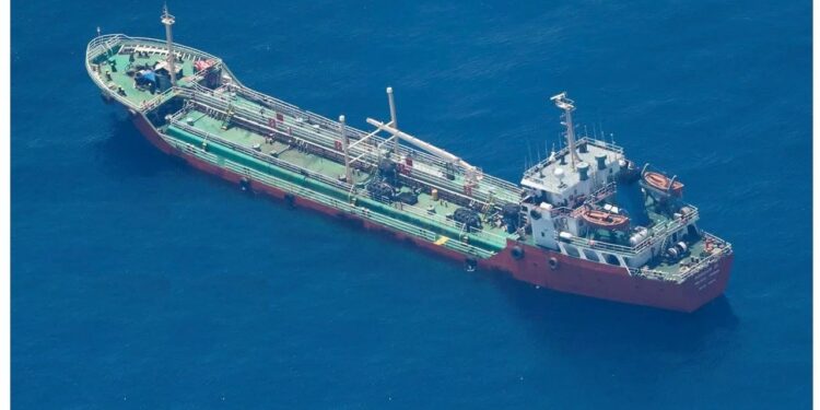 The Palau-flagged tanker Honour 25 at anchor off the Somali coast during its captivity, photographed from the air