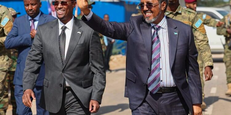 President Hassan Sheikh Mohamud walks with President Ali Gudlawe on a federal visit to Hirshabelle, the state presidency Villa Somalia has reserved for the incumbent
