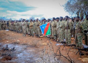 Fighters loyal to Abdiaziz Laftagareen drawn up with machine guns on the outskirts of Baidoa