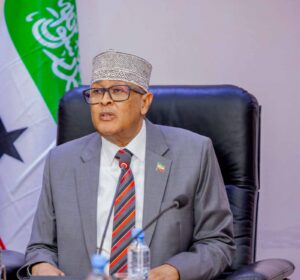 President Irro speaking before the Somaliland flag, days before offering up to two thousand soldiers to the American led stabilisation force in Gaza