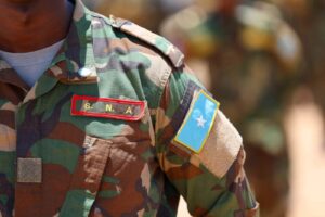 A Somali National Army name tape and national flag patch, the uniform of the force whose soldier was stopped and killed by clan militia at Ceelbaraf in Middle Shabelle