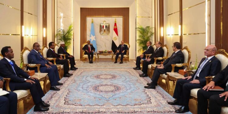 President Hassan Sheikh Mohamud and President Abdel Fattah al-Sisi meet with their delegations at New Alamein on 3 October, the day his offer of Somali ports to Abiy Ahmed was released