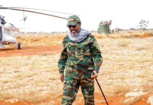 President Hassan Sheikh Mohamud in Mahaas in September 2023, when he travelled to the town to seek the support of Hawadle elders