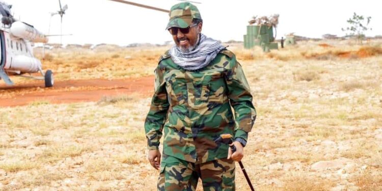 President Hassan Sheikh Mohamud in Mahaas in September 2023, when he travelled to the town to seek the support of Hawadle elders