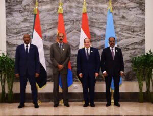General Abdel Fattah al-Burhan, President Isaias Afwerki, President Abdel Fattah al-Sisi and President Hassan Sheikh Mohamud at New Alamein, where Sudan, which cut ties with the United Arab Emirates, joined the communique