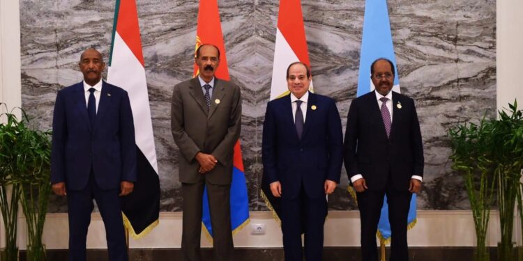General Abdel Fattah al-Burhan, President Isaias Afwerki, President Abdel Fattah al-Sisi and President Hassan Sheikh Mohamud at New Alamein, where Sudan, which cut ties with the United Arab Emirates, joined the communique