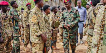 Doolow security forces and Jubaland Darawish lined up for inspection on 7 October 2026, the day the commissioner pledged to follow the policy of Ethiopian forces