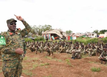 A Ugandan AUSSOM commander addresses Somali soldiers at Bariire in Lower Shabelle after its capture in August 2025, upriver from Jannaale