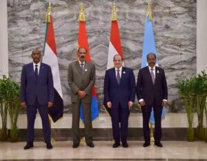 General Abdel Fattah al-Burhan, President Isaias Afwerki, President Abdel Fattah al-Sisi and President Hassan Sheikh Mohamud at the Alamein summit on 4 October 2026