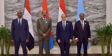 General Abdel Fattah al-Burhan, President Isaias Afwerki, President Abdel Fattah al-Sisi and President Hassan Sheikh Mohamud at the Alamein summit on 4 October 2026