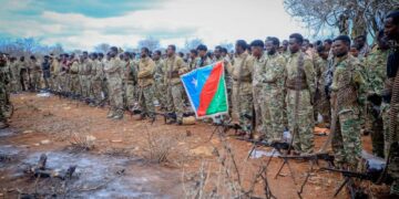 Fighters loyal to Abdiaziz Laftagareen on the outskirts of Baidoa, whose leaders the NAMLC has now listed as al-Shabaab financiers