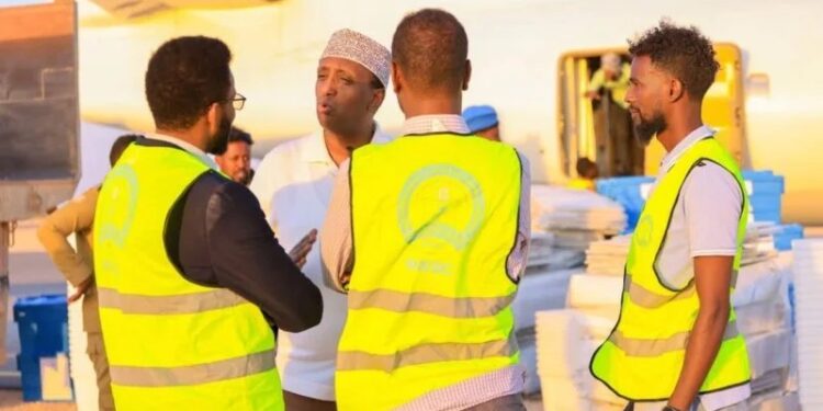 Electoral Commission staff in marked vests with polling materials beside an aircraft, the body that has set Somalia's federal vote for 15 May 2027