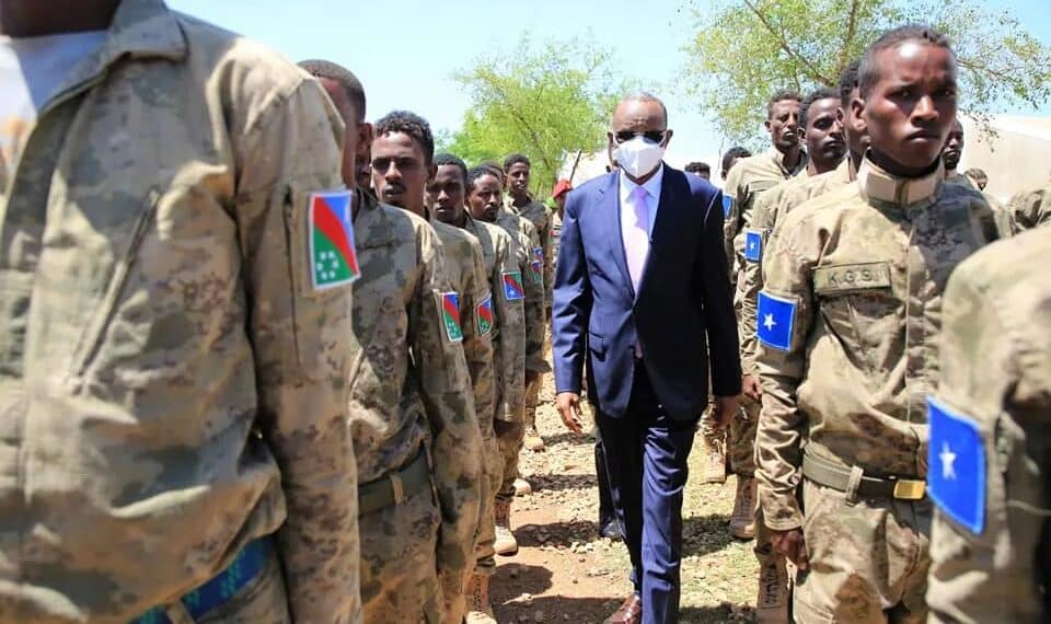 Former South West President Abdiaziz Laftagareen with Darawish troops in the Bay region, whose forces took Bardaale district on 16 October 2026