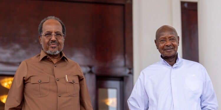 President Hassan Sheikh Mohamud and President Yoweri Museveni at State House Entebbe on 26 October 2026