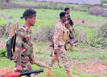 Somali National Army soldiers with rifles and an RPG launcher in southern Somalia, in a photograph published with reports of the Jameeco fighting